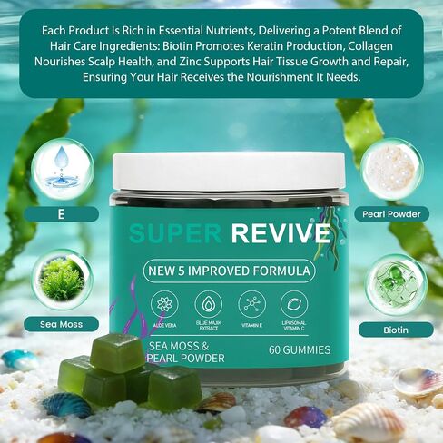 Super Revive Gummies for Hair Loss - Sea Moss Gummies with Vitamin C, E, Aloe Vera & Pearl Powder Glow, Promotes Thicker, Fuller & Stronger Hair - 60 Count in Saudi Arabia
