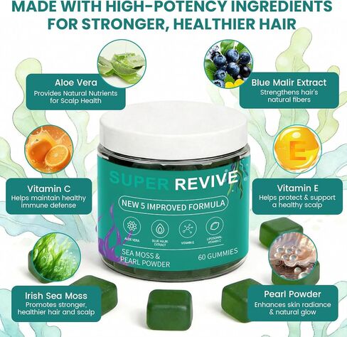 Super Revive Gummies for Hair Loss - Sea Moss Gummies with Vitamin C, E, Aloe Vera & Pearl Powder Glow, Promotes Thicker, Fuller & Stronger Hair - 60 Count in Saudi Arabia