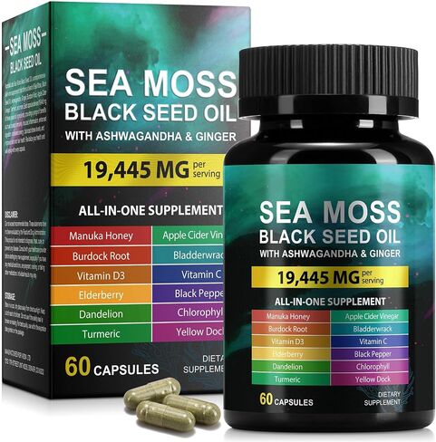 Sea Moss Black Seed Oil Capsules with Ashwagandha Ginger Turmeric Burdock Root Bladderwrack, Daily Wellness Supplement for Energy Balance Digestive Support, 60 Capsules in Saudi Arabia
