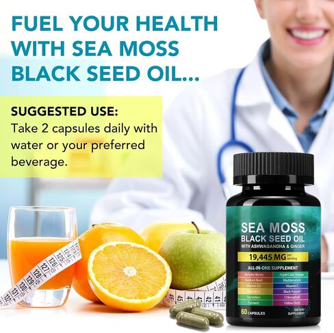 Sea Moss Black Seed Oil Capsules with Ashwagandha Ginger Turmeric Burdock Root Bladderwrack, Daily Wellness Supplement for Energy Balance Digestive Support, 60 Capsules in Saudi Arabia