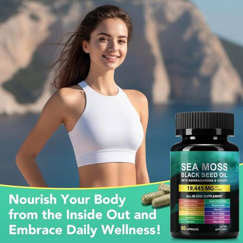 Sea Moss Black Seed Oil Capsules with Ashwagandha Ginger Turmeric Burdock Root Bladderwrack, Daily Wellness Supplement for Energy Balance Digestive Support, 60 Capsules in Saudi Arabia