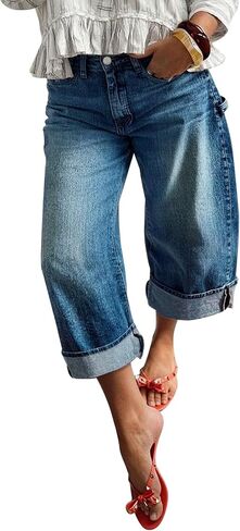 Flamingals Mid Rise Straight Leg Crop Jeans for Women Roll Hem Wash Casual Loose Fit Denim Pants in Kuwait