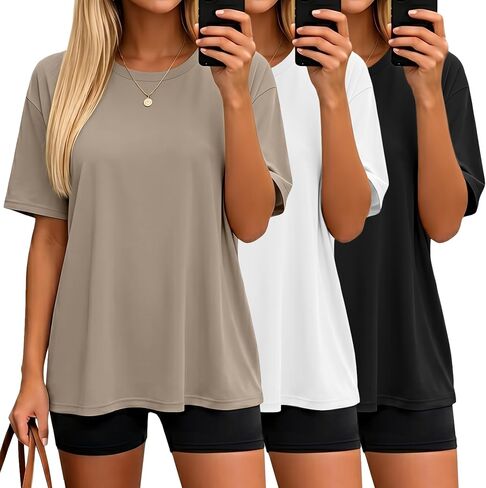 HOPLYNN 3 Pack Oversized Tshirts for Women, Summer Baggy Loose Fit Tops Crew Neck Workout Tees Plus Size T Shirts in Saudi Arabia