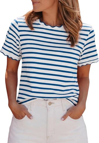 Womens Striped Shirt Summer Color Block Scalloped Short Sleeve Tee Shirts Casual Loose Fit Crewneck Tops in Kuwait