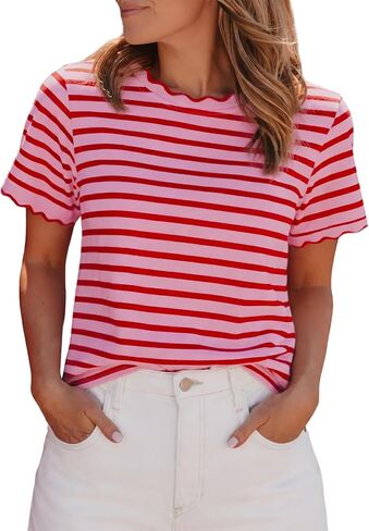 Womens Striped Shirt Summer Color Block Scalloped Short Sleeve Tee Shirts Casual Loose Fit Crewneck Tops in Kuwait
