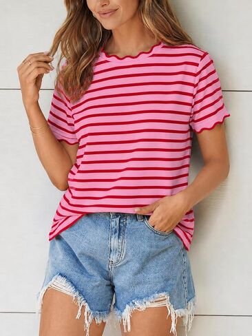 Womens Striped Shirt Summer Color Block Scalloped Short Sleeve Tee Shirts Casual Loose Fit Crewneck Tops in Kuwait