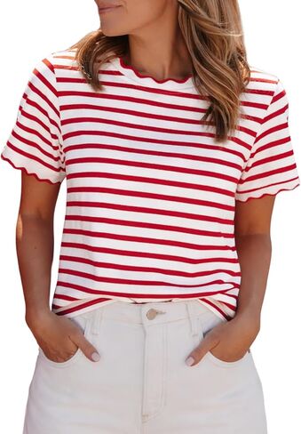Womens Striped Shirt Summer Color Block Scalloped Short Sleeve Tee Shirts Casual Loose Fit Crewneck Tops in Kuwait