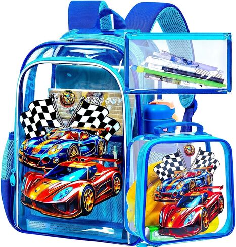 16" Clear Backpack for Boys, 3Pcs Kids Transparent Bookbag with Race Cars Lunch Box, Heavy Duty See Through PVC School Bag (Black) in Saudi Arabia