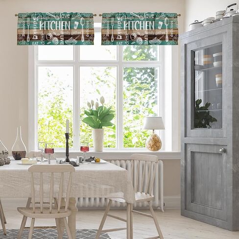 Emvency 2 Pack Valances Window Treatments, Teal and Brown Farmhouse Kitchen Cooking Blackout Adjustable for Living Room Bathroom Bedroom Kitchen Over Sink, 52x18 Inch Rod Pocket Valances in Saudi Arabia