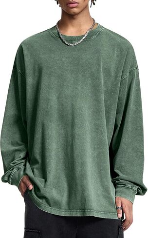 Mens Oversized T-Shirts Cotton Long Sleeve Shirts Baggy Vintage Acid Wash Basic Tee Tops Crewneck Sweatshirt in Saudi Arabia