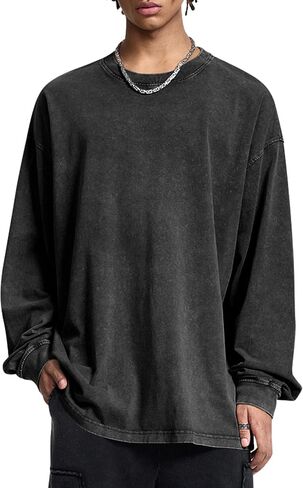 Mens Oversized T-Shirts Cotton Long Sleeve Shirts Baggy Vintage Acid Wash Basic Tee Tops Crewneck Sweatshirt in Saudi Arabia