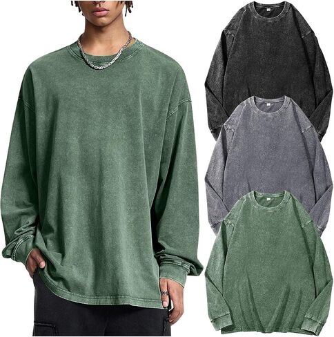 Mens Oversized T-Shirts Cotton Long Sleeve Shirts Baggy Vintage Acid Wash Basic Tee Tops Crewneck Sweatshirt in Saudi Arabia