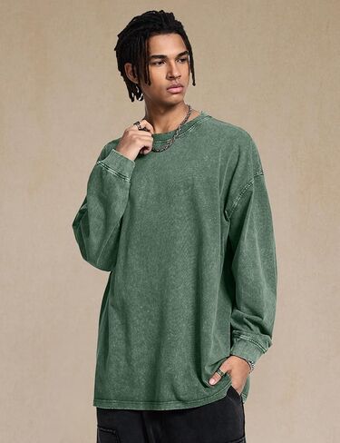 Mens Oversized T-Shirts Cotton Long Sleeve Shirts Baggy Vintage Acid Wash Basic Tee Tops Crewneck Sweatshirt in Saudi Arabia