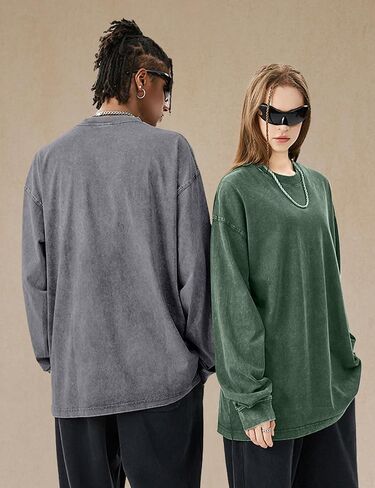 Mens Oversized T-Shirts Cotton Long Sleeve Shirts Baggy Vintage Acid Wash Basic Tee Tops Crewneck Sweatshirt in Saudi Arabia