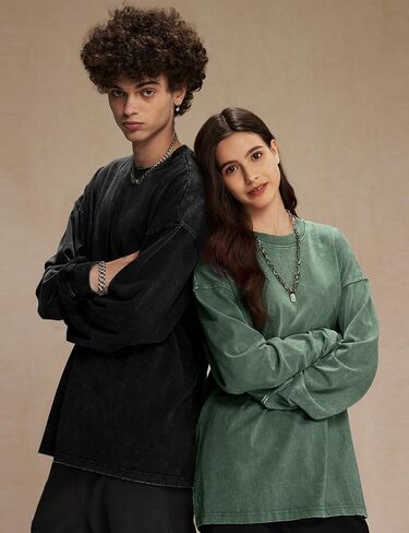Mens Oversized T-Shirts Cotton Long Sleeve Shirts Baggy Vintage Acid Wash Basic Tee Tops Crewneck Sweatshirt in Saudi Arabia