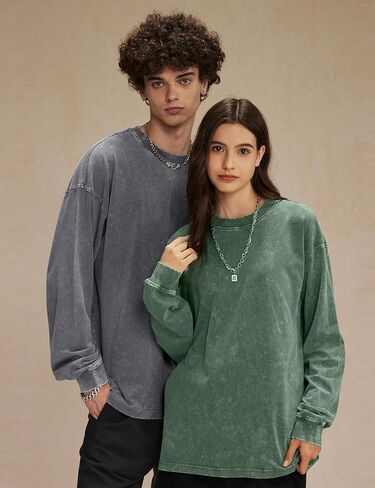 Mens Oversized T-Shirts Cotton Long Sleeve Shirts Baggy Vintage Acid Wash Basic Tee Tops Crewneck Sweatshirt in Saudi Arabia