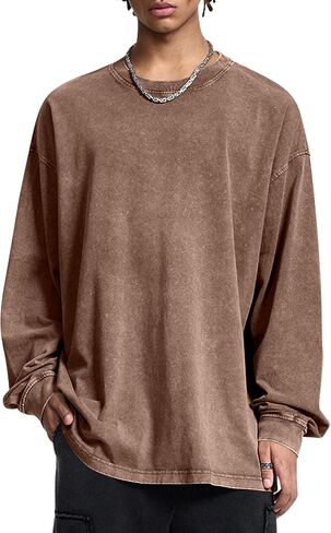 Mens Oversized T-Shirts Cotton Long Sleeve Shirts Baggy Vintage Acid Wash Basic Tee Tops Crewneck Sweatshirt in Saudi Arabia