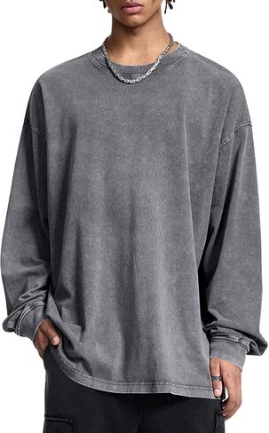 Mens Oversized T-Shirts Cotton Long Sleeve Shirts Baggy Vintage Acid Wash Basic Tee Tops Crewneck Sweatshirt in Saudi Arabia