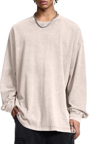 Mens Oversized T-Shirts Cotton Long Sleeve Shirts Baggy Vintage Acid Wash Basic Tee Tops Crewneck Sweatshirt in Saudi Arabia