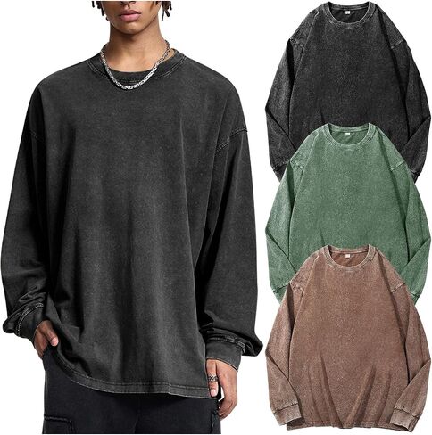Mens Oversized T-Shirts Cotton Long Sleeve Shirts Baggy Vintage Acid Wash Basic Tee Tops Crewneck Sweatshirt in Saudi Arabia