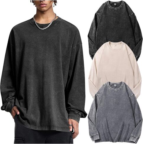 Mens Oversized T-Shirts Cotton Long Sleeve Shirts Baggy Vintage Acid Wash Basic Tee Tops Crewneck Sweatshirt in Saudi Arabia