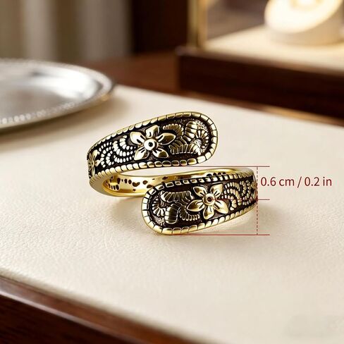 Vintage 14K Gold Plated Spoon Ring for Women Adjustable Floral Carving Design Unique Boho Open Ring Jewelry Gifts in Saudi Arabia