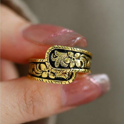 Vintage 14K Gold Plated Spoon Ring for Women Adjustable Floral Carving Design Unique Boho Open Ring Jewelry Gifts in Saudi Arabia