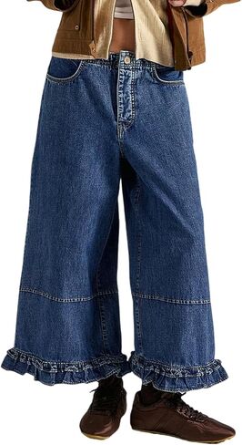 yoeasy Womens Wide Leg Jeans Elastic Waisted Ruffle Hem Baggy Jeans Casual Cropped Denim Pants with Pockets in Kuwait