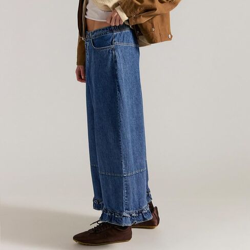 yoeasy Womens Wide Leg Jeans Elastic Waisted Ruffle Hem Baggy Jeans Casual Cropped Denim Pants with Pockets in Kuwait