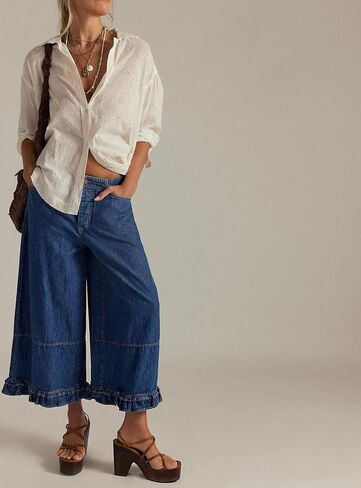 yoeasy Womens Wide Leg Jeans Elastic Waisted Ruffle Hem Baggy Jeans Casual Cropped Denim Pants with Pockets in Kuwait