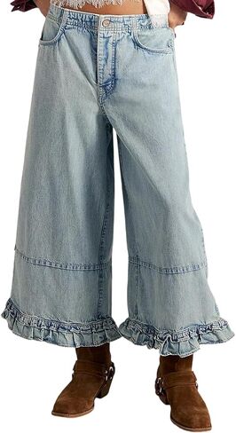 yoeasy Womens Wide Leg Jeans Elastic Waisted Ruffle Hem Baggy Jeans Casual Cropped Denim Pants with Pockets in Kuwait