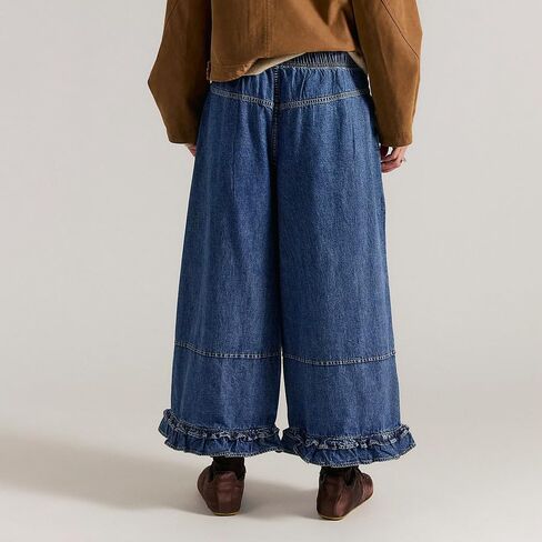 yoeasy Womens Wide Leg Jeans Elastic Waisted Ruffle Hem Baggy Jeans Casual Cropped Denim Pants with Pockets in Kuwait