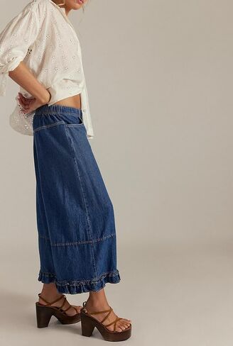yoeasy Womens Wide Leg Jeans Elastic Waisted Ruffle Hem Baggy Jeans Casual Cropped Denim Pants with Pockets in Kuwait