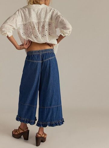 yoeasy Womens Wide Leg Jeans Elastic Waisted Ruffle Hem Baggy Jeans Casual Cropped Denim Pants with Pockets in Kuwait