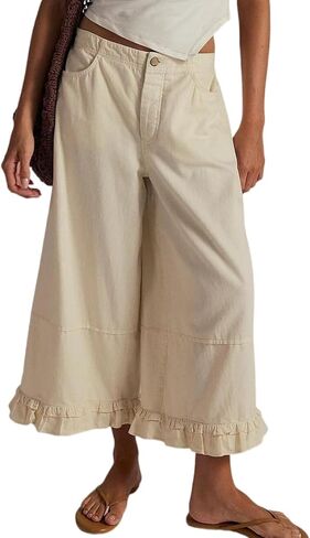 yoeasy Womens Wide Leg Jeans Elastic Waisted Ruffle Hem Baggy Jeans Casual Cropped Denim Pants with Pockets in Kuwait