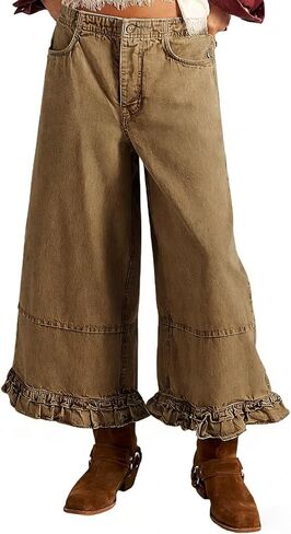 yoeasy Womens Wide Leg Jeans Elastic Waisted Ruffle Hem Baggy Jeans Casual Cropped Denim Pants with Pockets in Kuwait