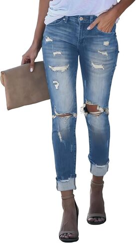 LalaLin Women's Skinny Destroyed Jegging Trendy Stretchy Ripped High Waisted Distressed Butt Lifting Denim Jeans with Pockets in Saudi Arabia