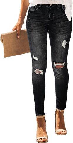 LalaLin Women's Skinny Destroyed Jegging Trendy Stretchy Ripped High Waisted Distressed Butt Lifting Denim Jeans with Pockets in Saudi Arabia