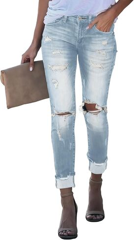 LalaLin Women's Skinny Destroyed Jegging Trendy Stretchy Ripped High Waisted Distressed Butt Lifting Denim Jeans with Pockets in Saudi Arabia