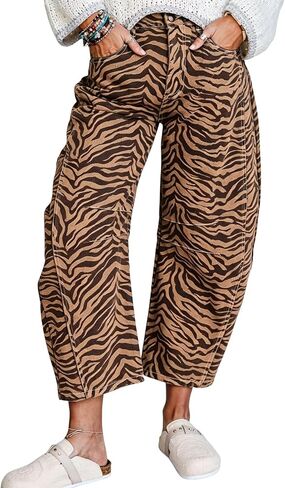 Urchics Women Barrel Jeans Wide Leg High Waisted Zebra Stripe Trendy Western Jeans Cropped Denim Pants with Pockets in Saudi Arabia