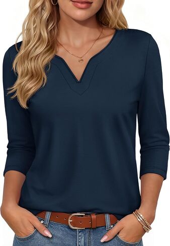 yucolen 3/4 قمم الأكمام للنساء Henley T Shirts v Neck Tunic Blouses غير الرسمية Tees S-XXL in Kuwait
