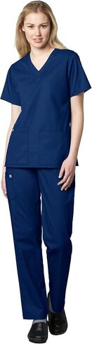 WonderWink WORK Women's Scrubs V-Neck Chest Pocket Top & Pull On Cargo Pant Set + Badge Reel in Kuwait