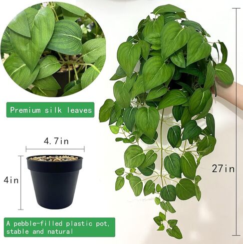 Artificial Pothos Ivy Silk Plants, 2 Sets with Black Pots, 27 Inches Tall, Realistic Fake Hanging Plants for Home Living Room Office Decor, No Maintenance Indoor Faux Plants in Saudi Arabia