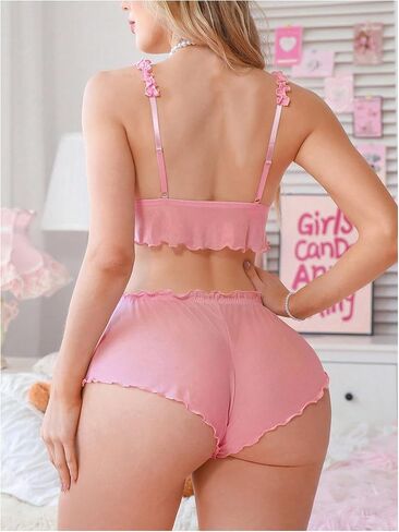 MakeMeChic Women's 2 Piece Lingerie Set Cute Bow Lettuce Trim Bralette and Panty Matching Sets in Kuwait