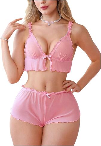 MakeMeChic Women's 2 Piece Lingerie Set Cute Bow Lettuce Trim Bralette and Panty Matching Sets in Kuwait