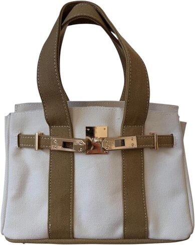 Canvas Mini Tote Bag, 8 Pockets, Distressed Finish, Durable, Gold Hardware (Beige/Cream) in Kuwait
