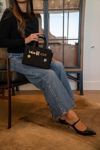 Canvas Mini Tote Bag, 8 Pockets, Distressed Finish, Durable, Gold Hardware (Beige/Cream) in Kuwait