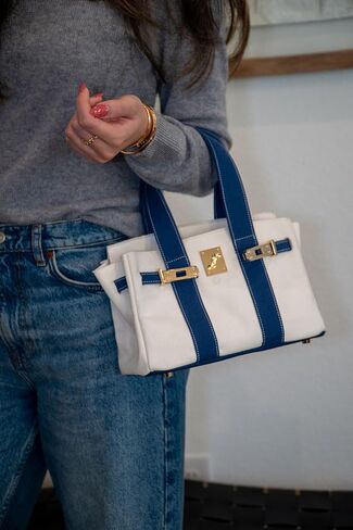 Canvas Mini Tote Bag, 8 Pockets, Distressed Finish, Durable, Gold Hardware (Beige/Cream) in Kuwait