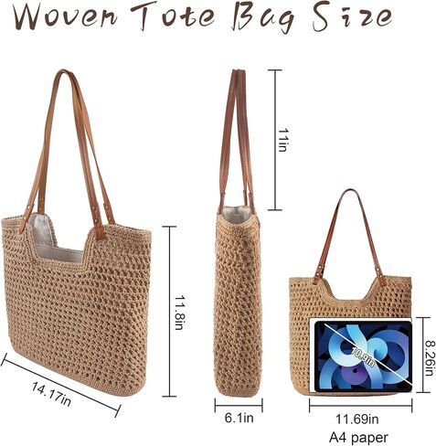 Crochet Beach Bag, Woven Tote Bag, Boho Bags for Women,Summer Purse with Zipper & Pocket in Kuwait