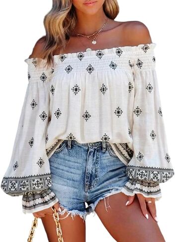 CHICME Women’s Boho Off The Shoulder Linen Blouse Long Lantern Sleeve Shirred Smocked Neck Frill Hem Vacation Clothes in Saudi Arabia